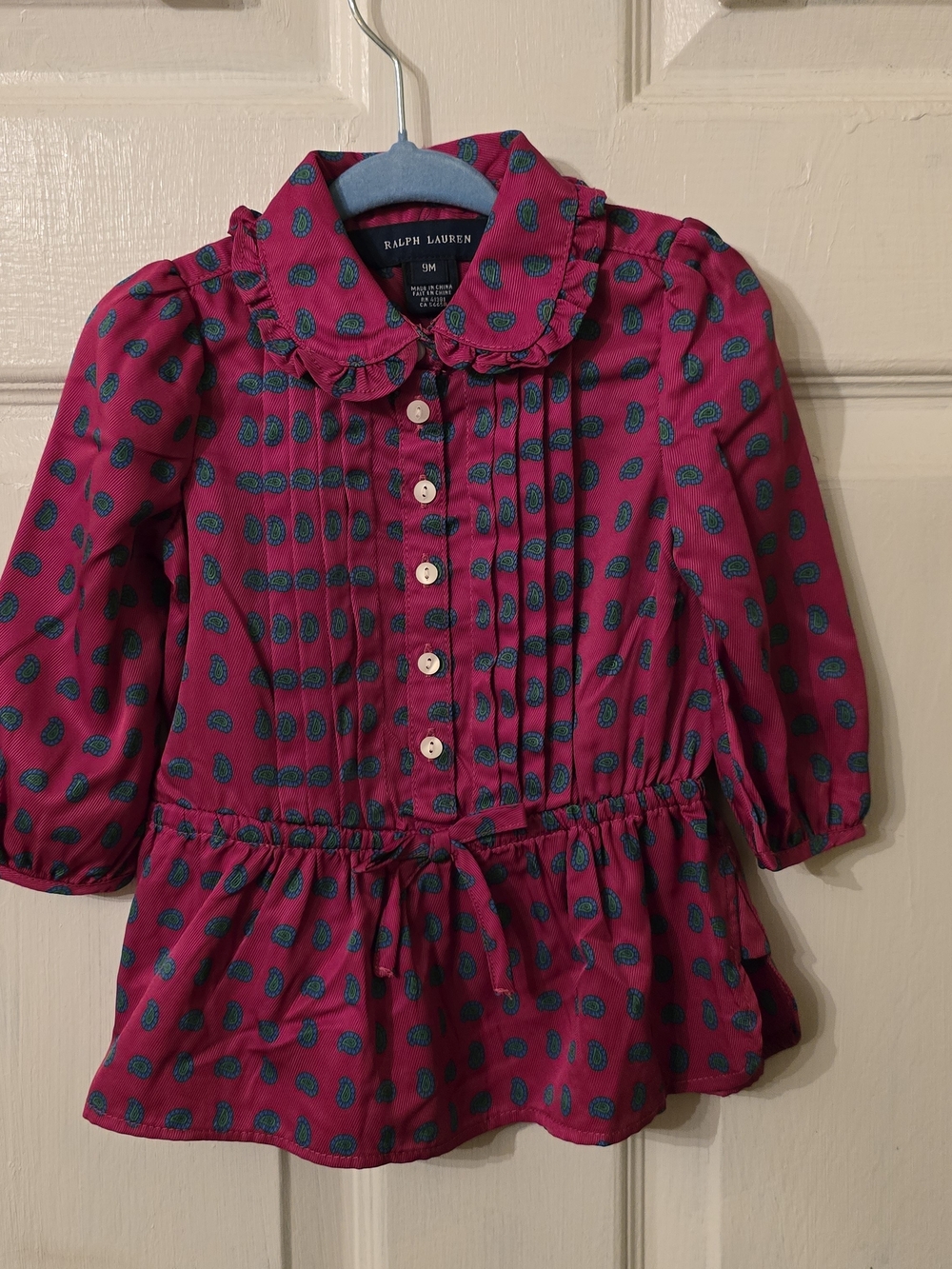 Ralph Lauren Pink Peplum Long Sleeve Top with Teal Paisley Dots